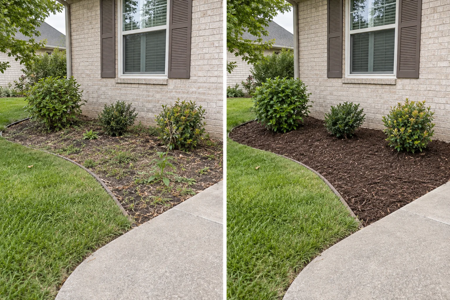AI-generated illustrative comparison of an untidy flower bed and a refreshed bed with clean edging and dark wood mulch