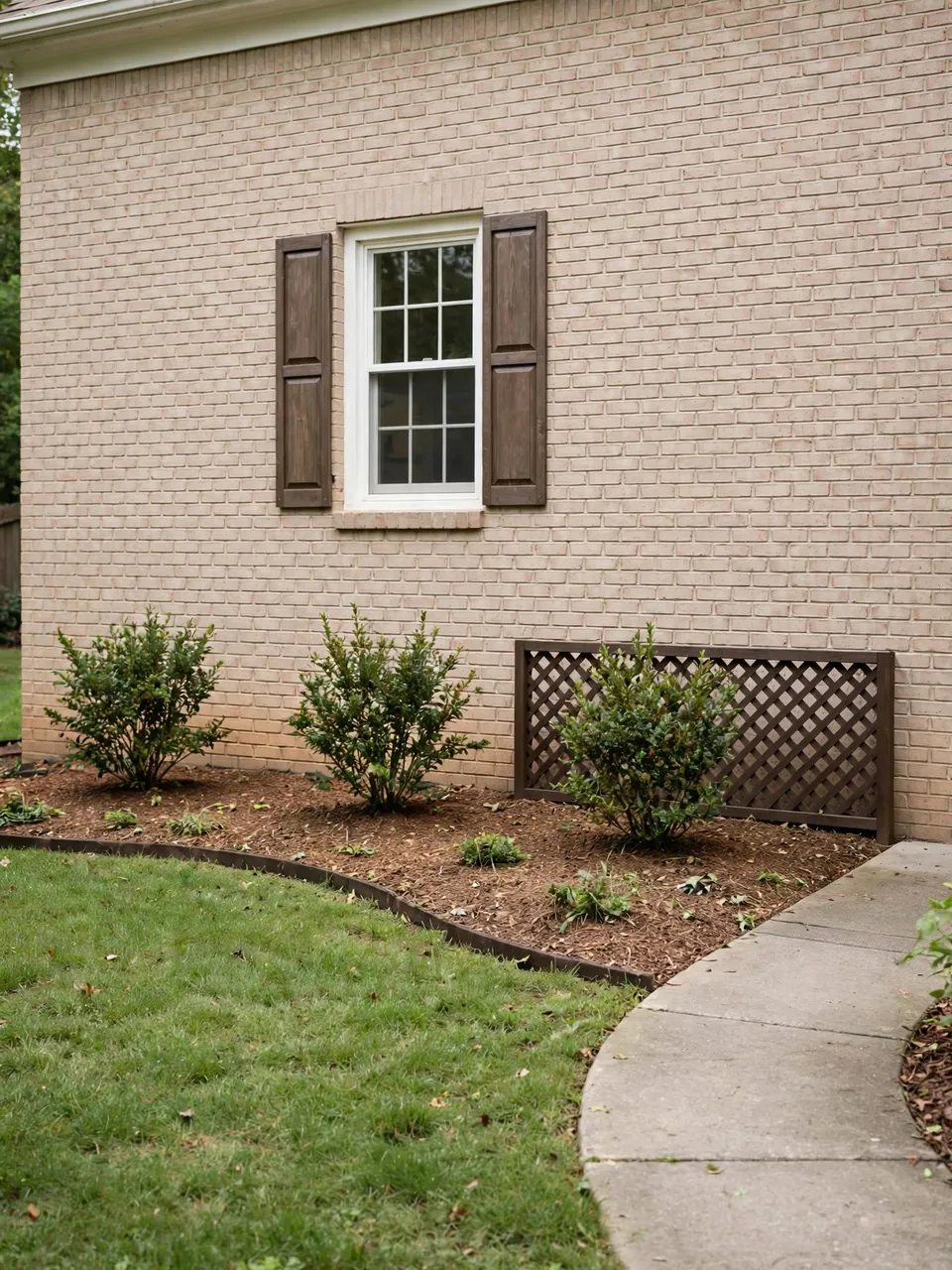 Separate synthetic garden illustration with a modest low dark lattice screen behind shrubs; the lawn, bed and walkway remain visible