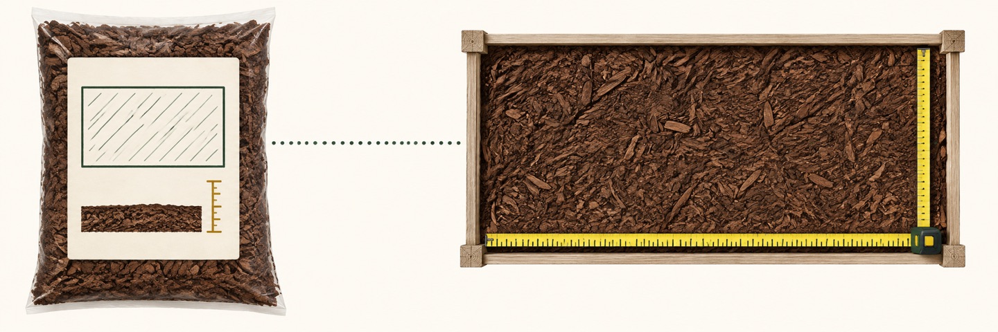An unbranded package coverage label connected by a depth measurement line to a garden bed measured with a tape