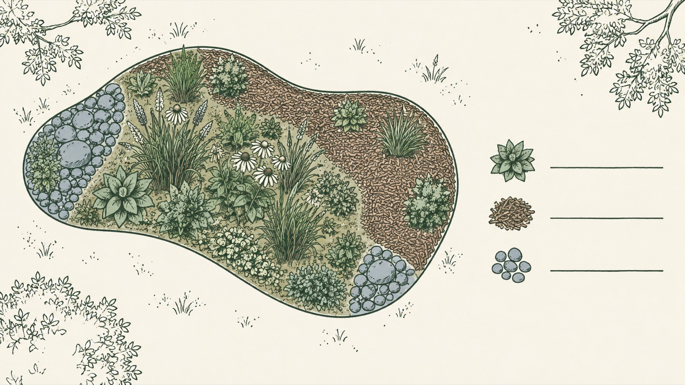 Illustrative top-down rain-garden plan with different material patches and separate quantity lines; not a construction plan.