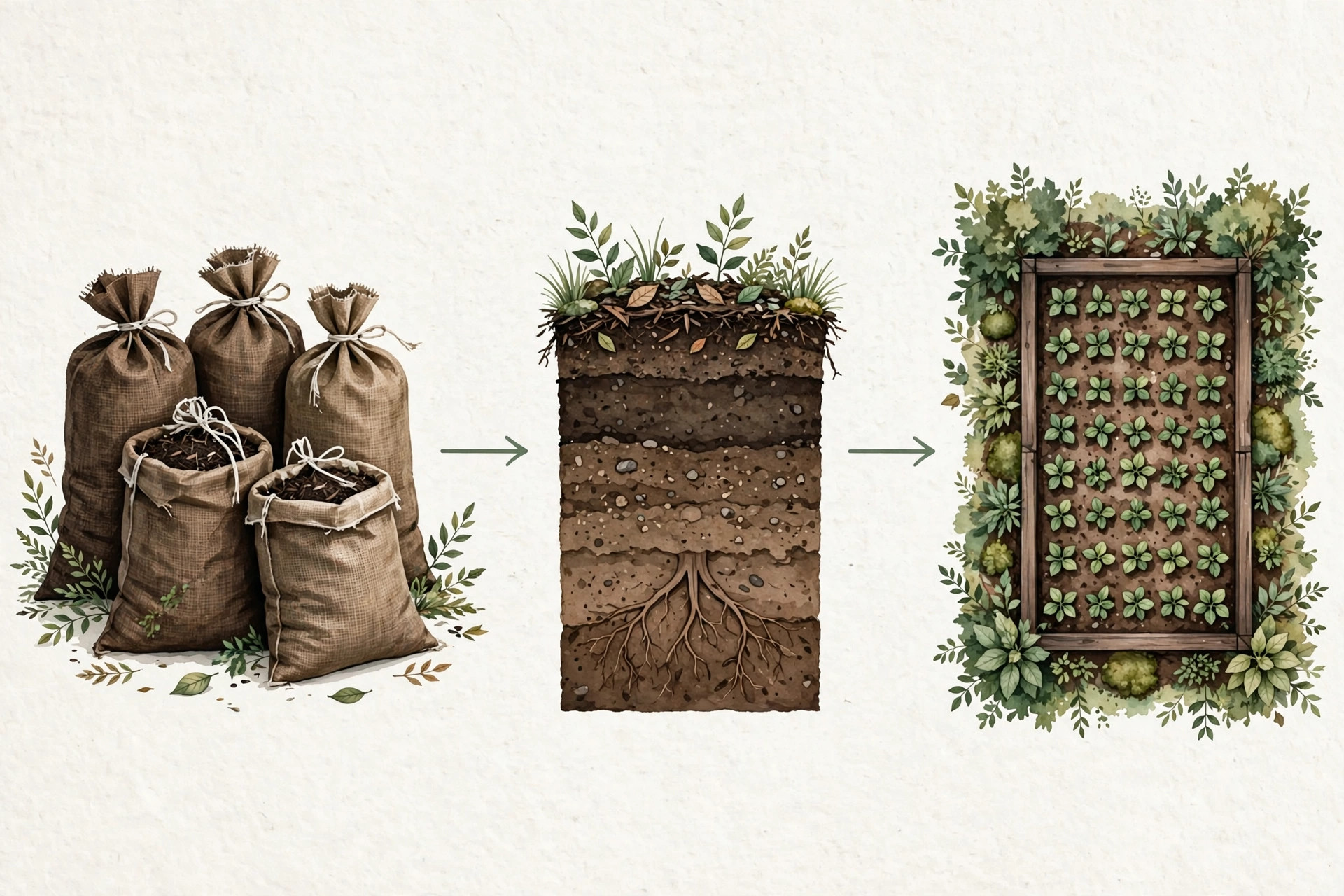 Illustration showing bagged mulch becoming a measured garden-bed layer and planted area