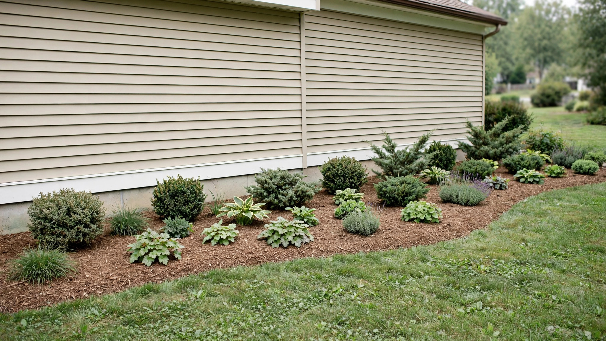 Context photo of a landscape bed beside house siding; not to scale and not a clearance recommendation