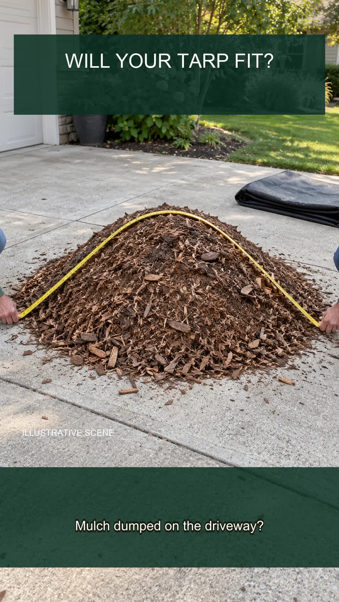 Illustrative garden scene from the video: a flexible tape runs from ground level over a mulch pile and down to the other side.