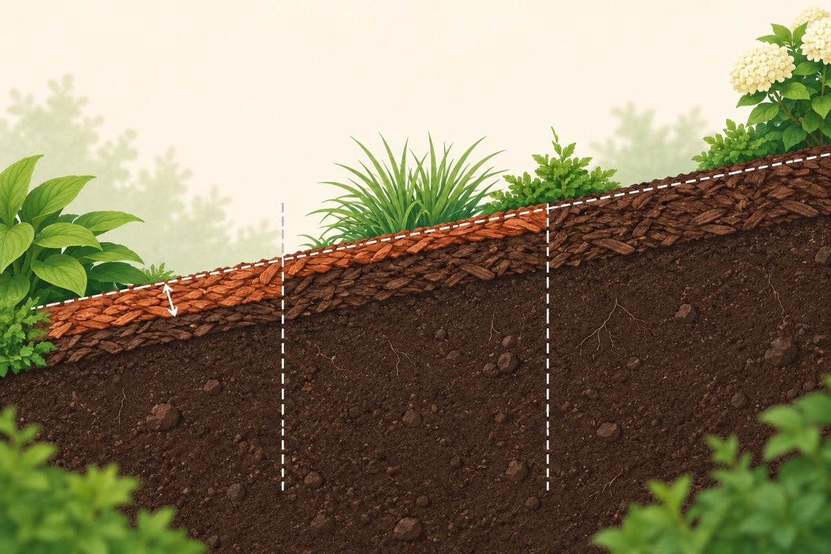 Illustration of a measured garden slope split into sections, with existing mulch and a smaller added depth shown perpendicular to the sloped surface.